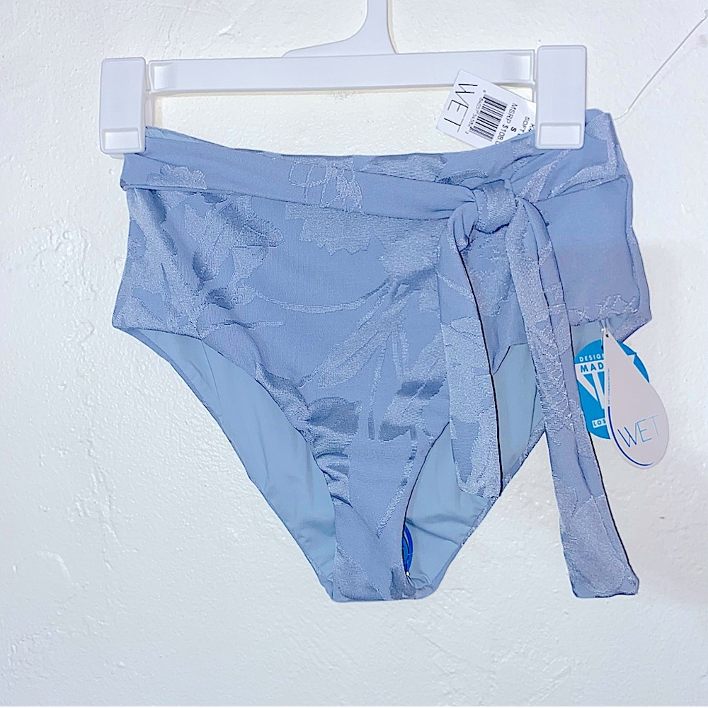 NWT $108 WET Bikini Bottoms In Soft Blue High Rise Tie Front Floral Swimsuit S
